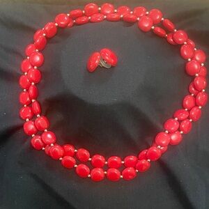 Elegant Red Beaded Necklace and Earring Set
